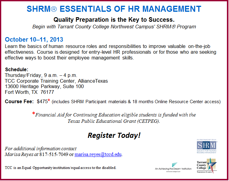 SHRM Essentials of HR Management Class Oct. 10-11, 2013